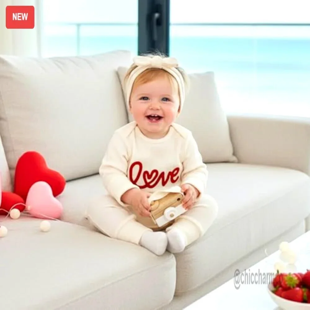 Newborn Valentine's Day Romper Long Sleeve Waffle Ruffle Jumpsuit with Headband